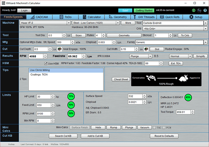 Machining software settings with options for Machining, Feeds/Speeds, Tool, Cut, Results, HSM, Tips, Limits.
