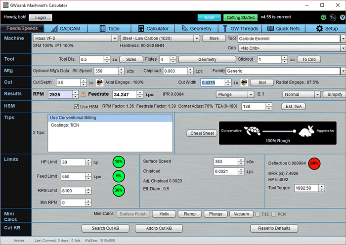Machining software interface with tools and settings.