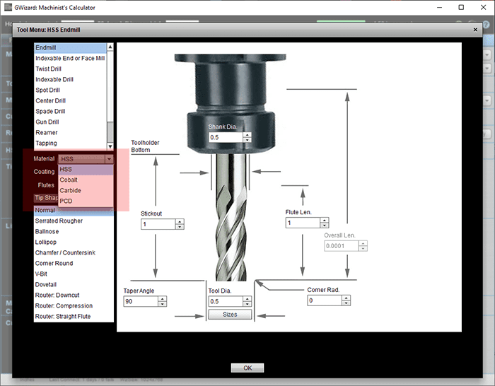 Machining tool menu screenshot with gray background and drill bit icon.