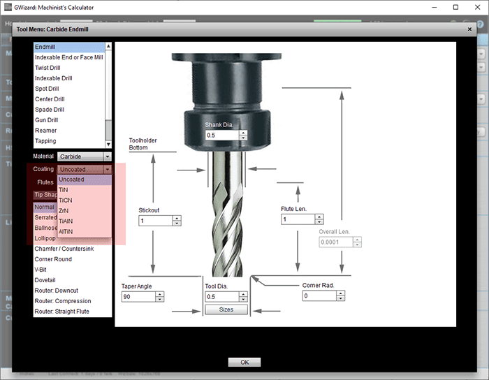 Machining tool menu screenshot with endmill, tapping, material options.