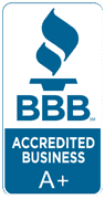 Stylized BBB flame logo on white with ACCREDITED BUSINESS A+ in blue beneath.