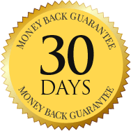 Circular gold seal with black text: 30 Days Money Back Guarantee on a white background.