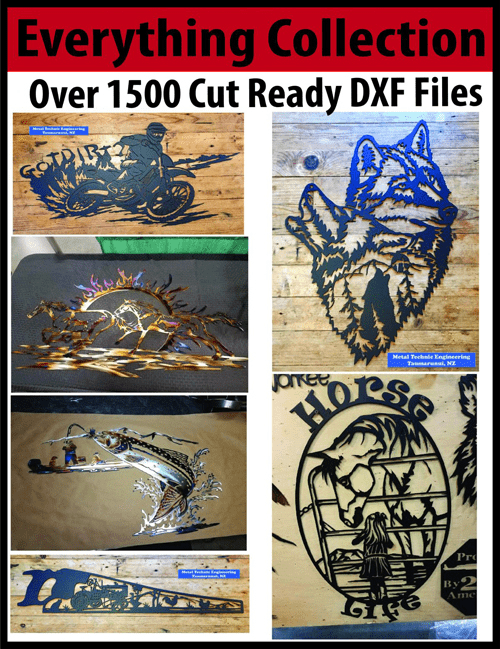 Metal cutouts of animals and vehicles on wooden backgrounds with DXF files logo.