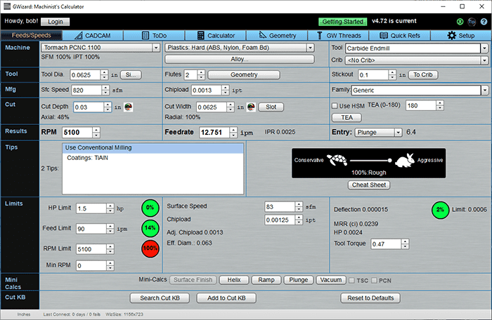 Gray background with various text boxes, buttons, and fields. Top-left corner shows GWizard Machinist's Calculator title.