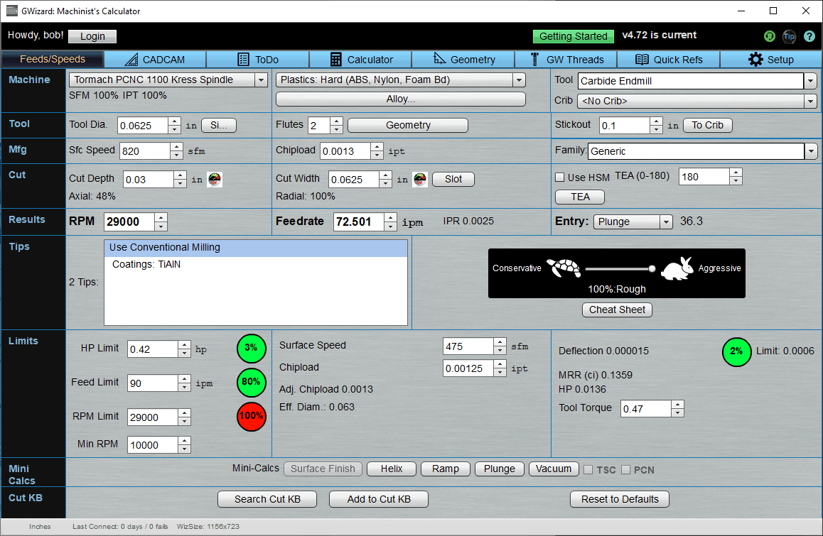 Machining calculator software interface with feeds/speeds, setup, results, and tips sections.