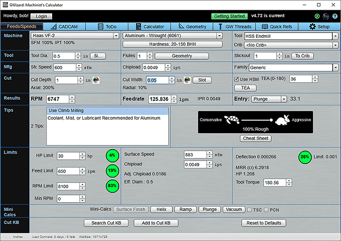 GWizard: Machinist's Calculator CAD calculator interface with buttons and fields.
