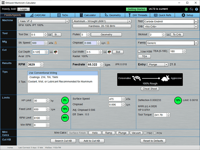 Calculator tool for machining processes