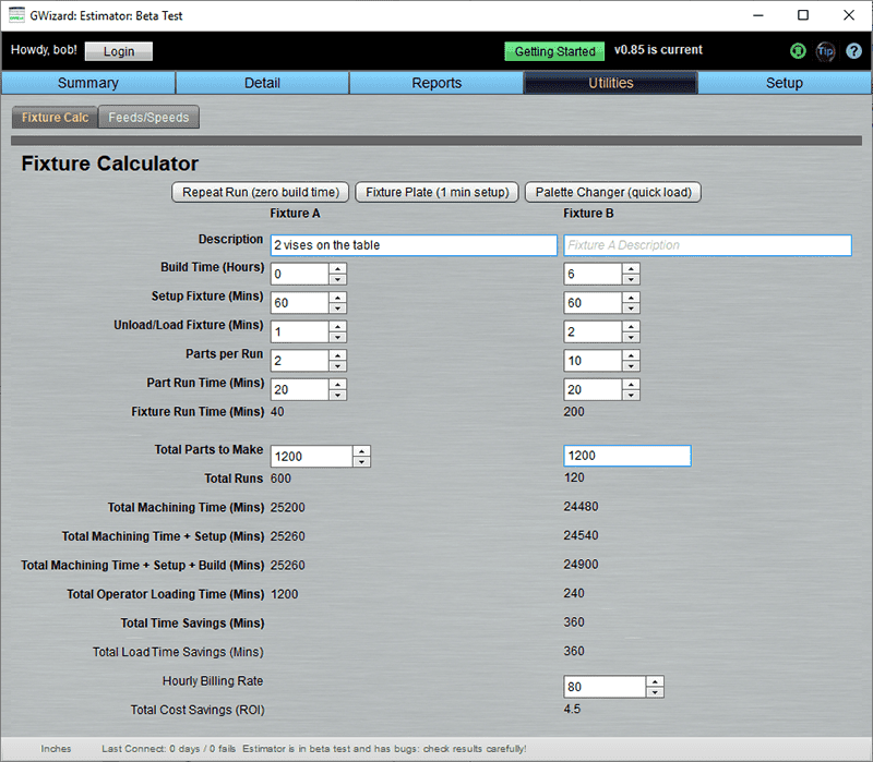 A screenshot of CNCCookbook.com's fixture calculator tool with gray background, white text boxes and a progress bar.