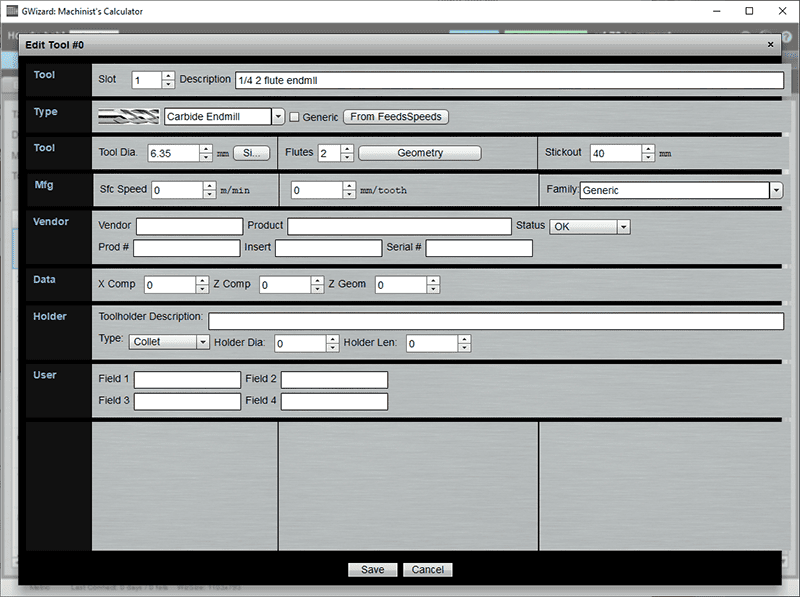 A computer screenshot showing GWizard Machinist's Calculator software interface with fields for Tool, Type, Data, and User information.