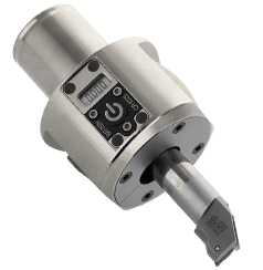 Silver cylindrical machine tool with black screen display and side-mounted screen.