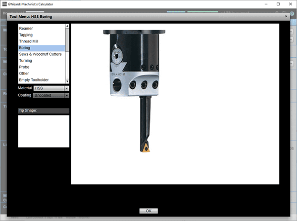 A computer screenshot displaying a cutting tool menu with an HSS boring tool image.