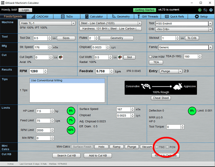 A computer screen displaying a machining software with multiple tabs and fields.
