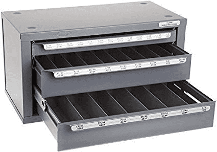 Gray metal filing cabinet with two stacked drawers.