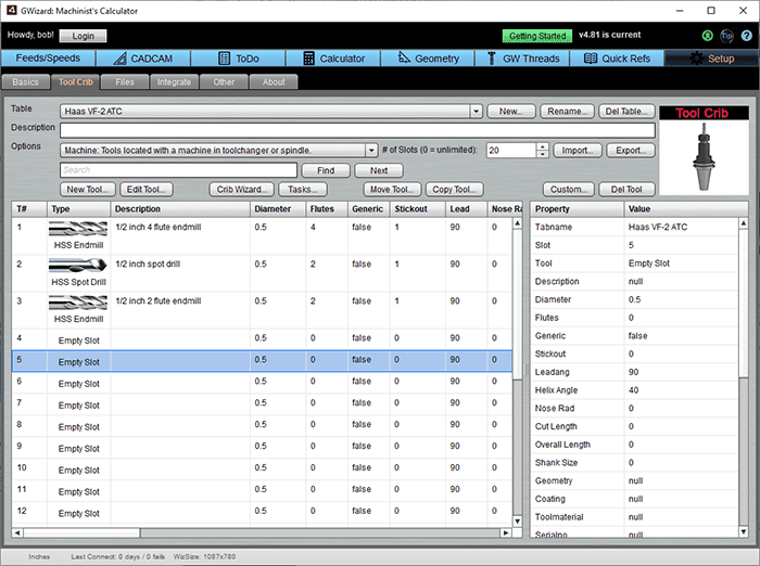 A computer screen showing a spreadsheet with columns: Type, Description, Crib Wizard, Tasks.