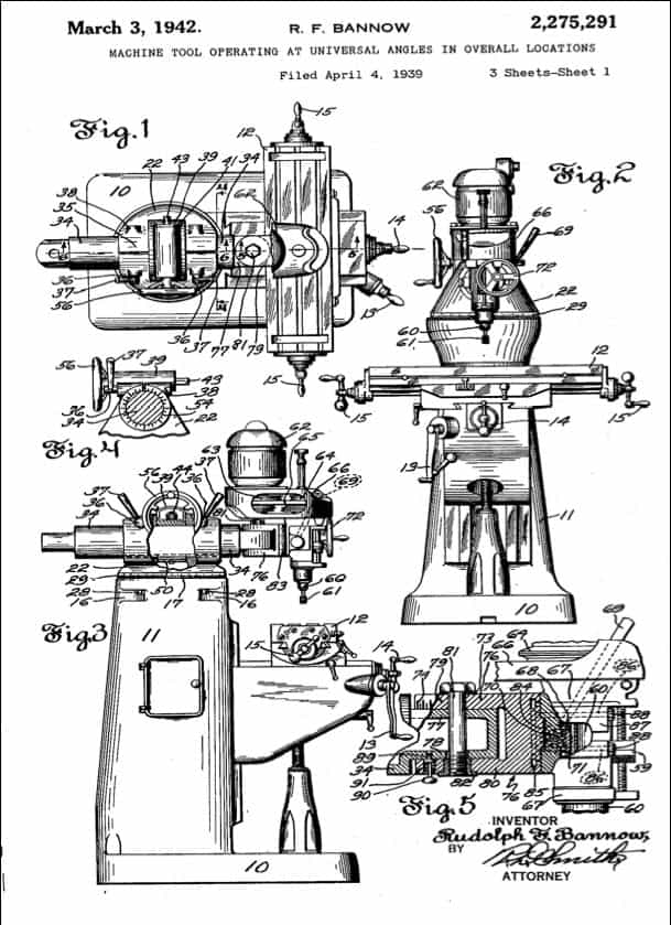 Bridgeport-type milling machine patent illustration with detailed drawings and components.