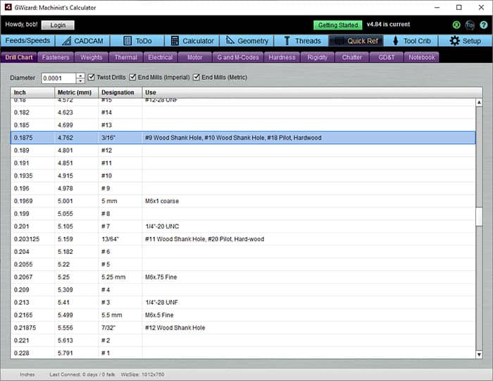 A screenshot of CNCCookbook.com's drill size calculator tool displaying various options for selecting drill sizes.