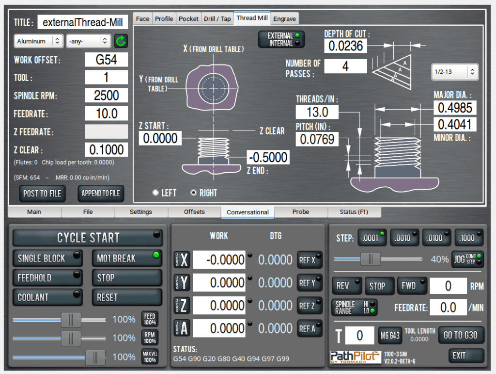 Machining software screenshot with thread mill configuration controls.