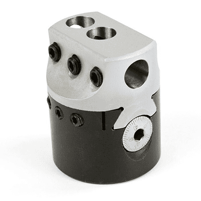 Dark gray or black cylindrical metal component with three holes on top surface, flat top and bottom, and small grooves along its length.