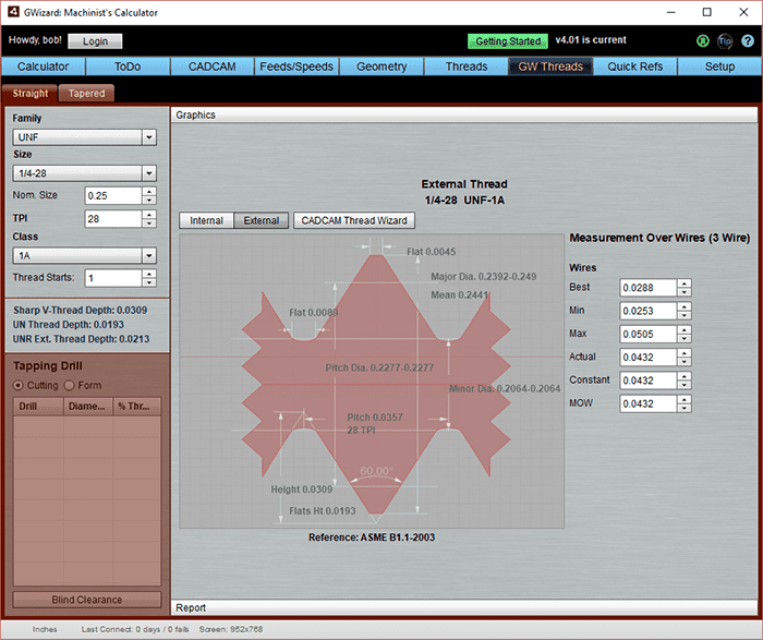 Machining software screenshot with 2D diagram, table, and multiple toolbars.