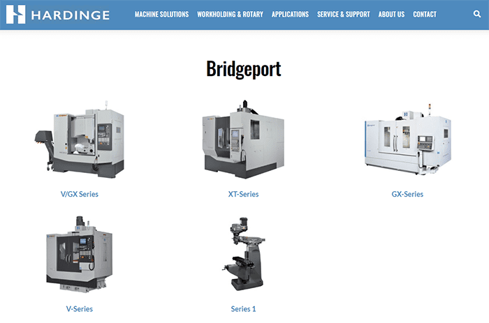 Hardinge Bridgeport product line webpage with six machine models and navigation menu.