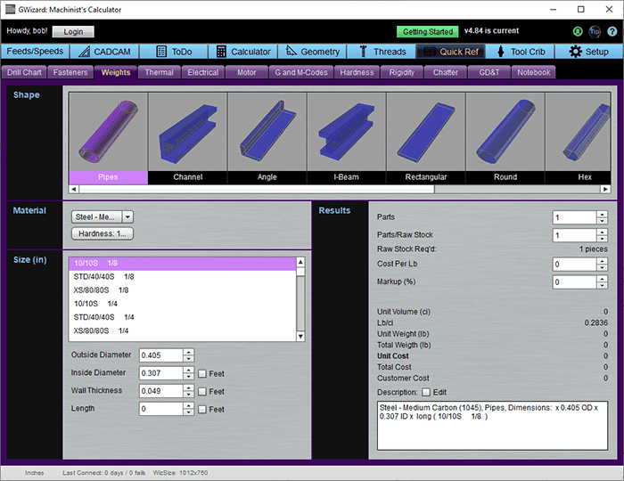 Machining software interface with shape menu, material selection, size input field, and results section.