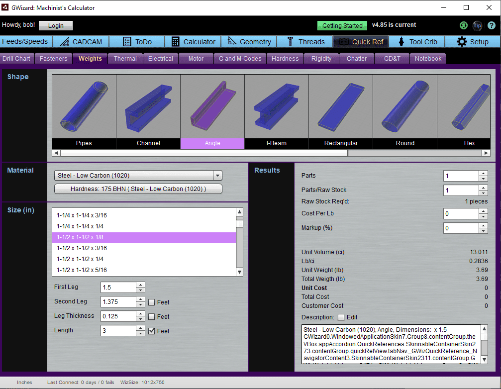 GWizard calculator screenshot, "Weights" tab with top menu options and calculation table.