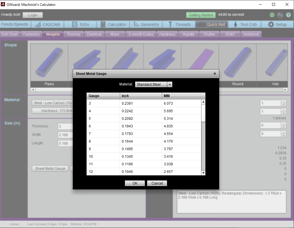 Sheet Metal Gauge feature of the GWizard Machinist's Calculator on CNCCookbook.com, with standard steel gauge selection.