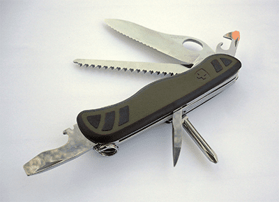 A compact multi-tool with a serrated blade and various tools.