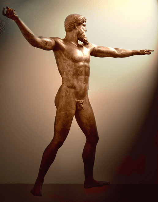 Bronze statue of a male figure in antiquated style.