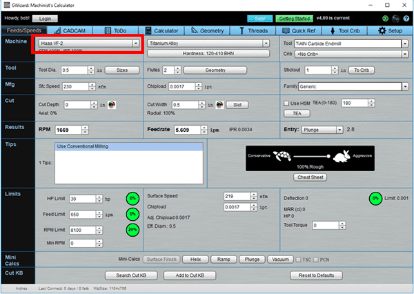 Calculator tool interface with tabs and input fields for determining feeds and speeds in machining operations.