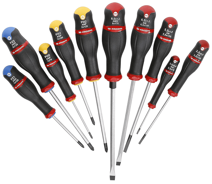 Screwdrivers in various sizes and types arranged in a fan-like pattern on a light gray background.