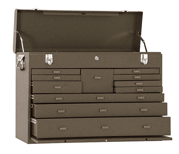 Large, dark metal toolbox with hinged lid and multiple drawers on light gray background.