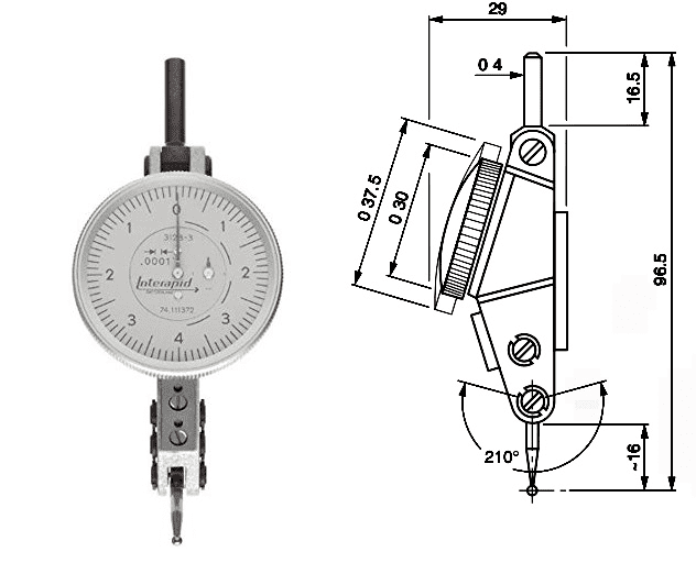 Technical illustration of an Interapid dial indicator with precision scale.