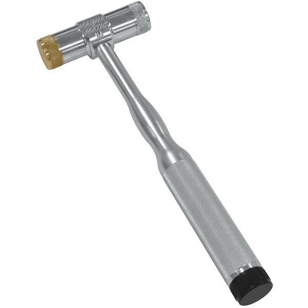 Silver hammer with gold head on light gray background.