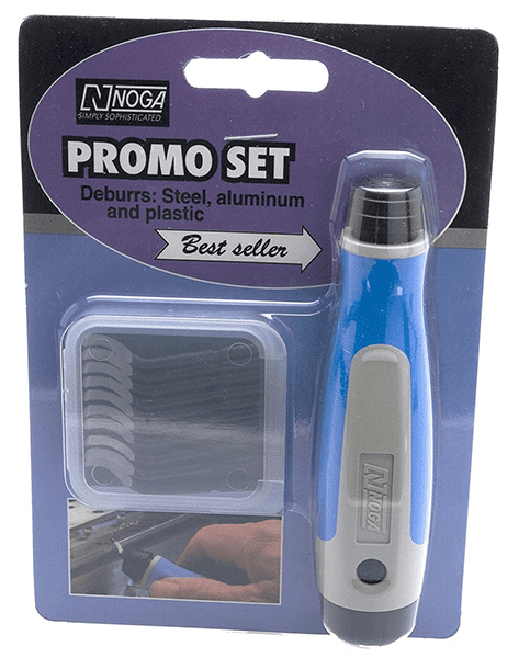 Noga Promo Set deburring tool in packaging with blue handle, grey grip, silver tip, and purple PROMO SET label.