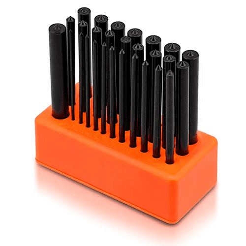 Black cylindrical tools with pointed tips in an orange holder.