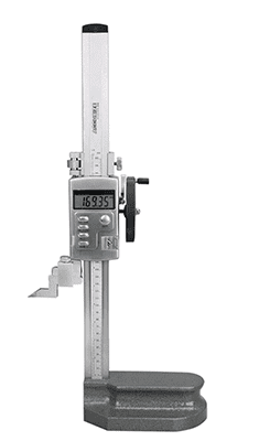 Digital caliper with gray base and white body, displaying measurement on screen.