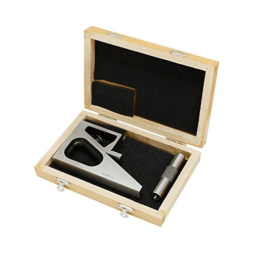 A wooden box with open lid and tools including a caliper on black felt lining.