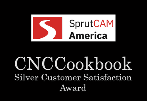 SprutCAM America logo with stylized "S", CNCCookbook award text.