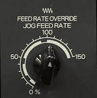 CNC machine gauge with JOG FEED RATE indicator set to approximately 100%.