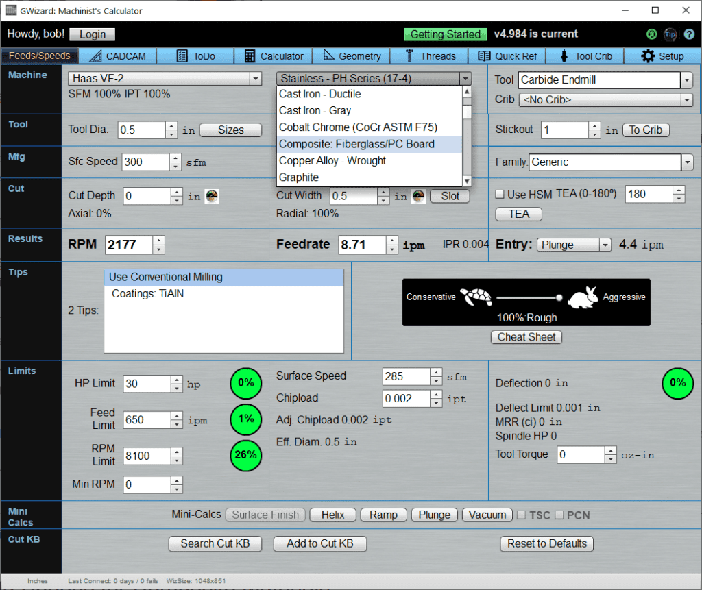 CNC machining software with tabs and settings options for various operations.