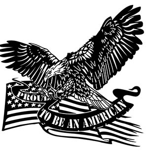 American eagle with outstretched wings and US flag background.