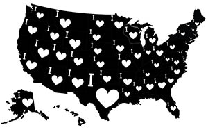 United States map with hearts replacing 50 states.