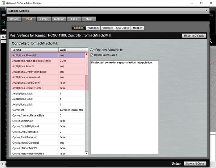 A screenshot of a CNC machine controller settings page with various options, dropdown menus, and checkboxes.