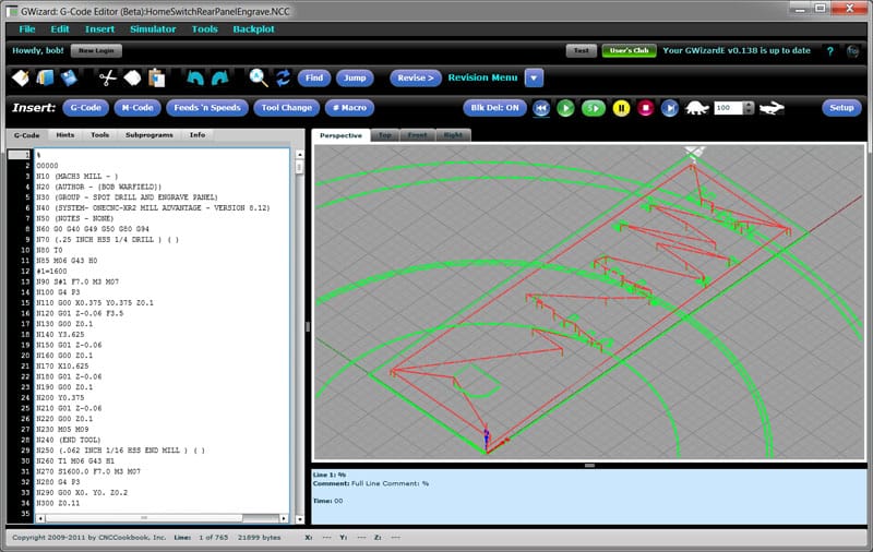 GWizard G-Code editor screenshot with menus, tools and 3D viewer.