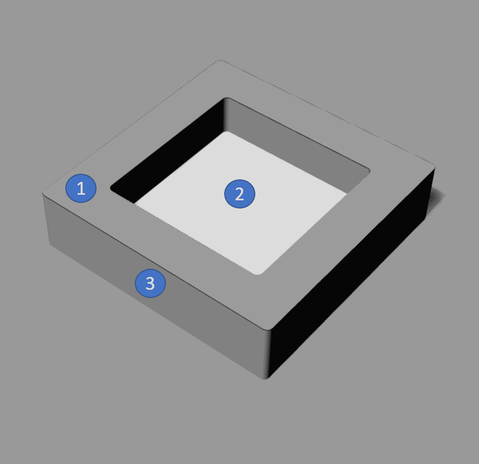 Square object with rounded corners, white and gray sections.
