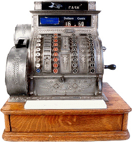 Antique wooden-based cash register with metal body.
