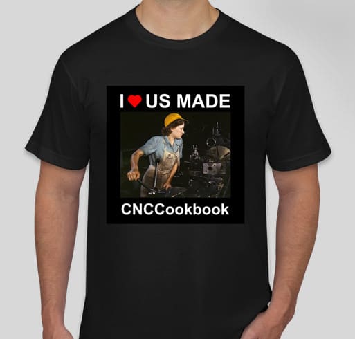 Person in factory setting wearing yellow hard hat and blue overalls with CNCCookbook logo.