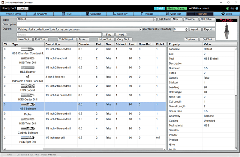 Computer program screenshot showing a table with various tools and their properties.