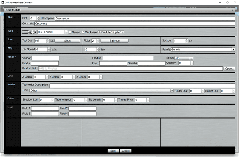 CNC machine tool edit window on computer screen, with customizable fields.